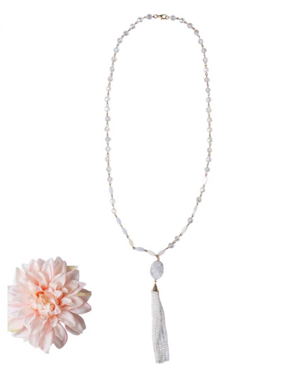 NEW GRACE + EMMA women's druzy stone pendant and clear beaded tassel necklace in